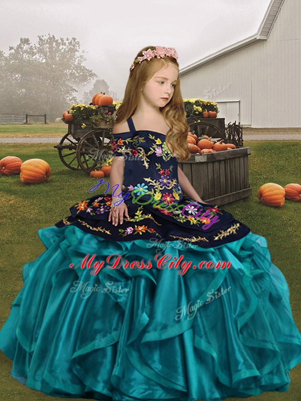 Teal Organza Lace Up Straps Sleeveless Floor Length Kids Pageant Dress Embroidery and Ruffles