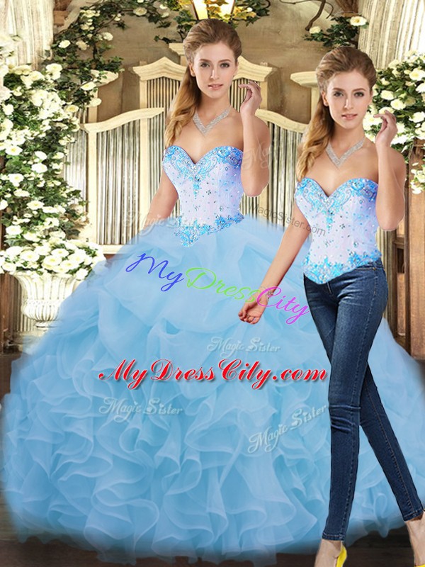 Fancy Blue Lace Up 15 Quinceanera Dress Beading and Ruffles Sleeveless Floor Length