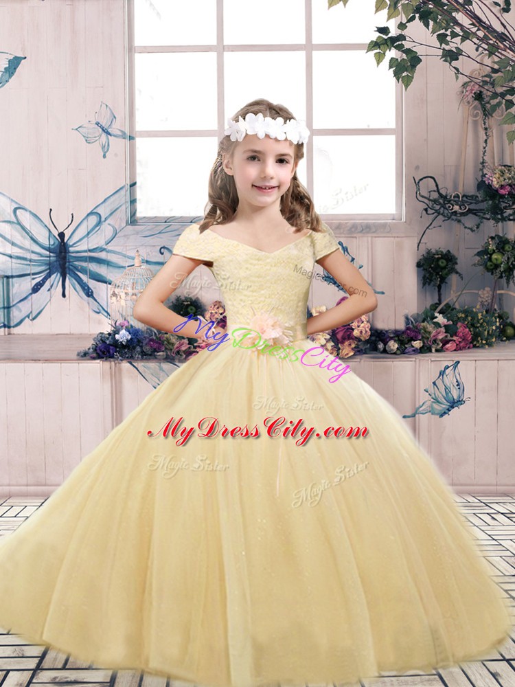 Sleeveless Lace Up Floor Length Lace and Belt High School Pageant Dress