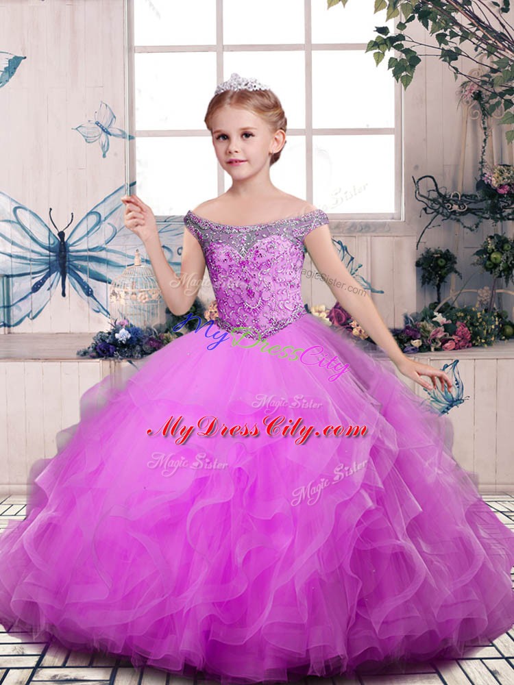 Lilac Sleeveless Floor Length Beading and Ruffles Lace Up Little Girl Pageant Gowns