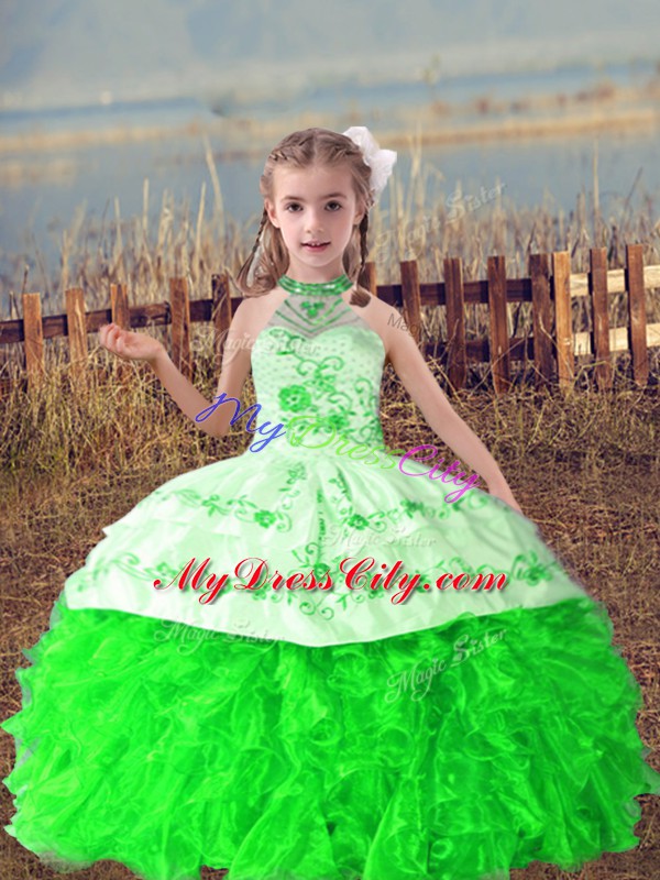 Hot Sale Green Lace Up Halter Top Beading and Embroidery and Ruffles Custom Made Pageant Dress Organza Sleeveless