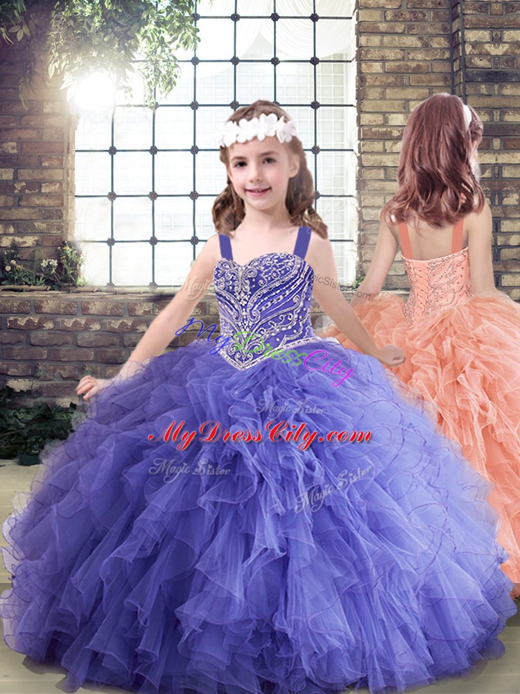 Lavender Ball Gowns Tulle Straps Sleeveless Beading and Ruffles Floor Length Lace Up Pageant Dress Toddler