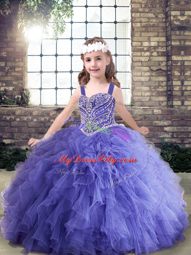 Lavender Ball Gowns Tulle Straps Sleeveless Beading and Ruffles Floor Length Lace Up Pageant Dress Toddler