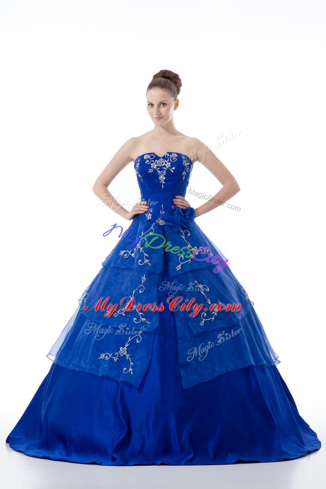 Artistic Royal Blue Ball Gowns V-neck Sleeveless Organza Floor Length Lace Up Embroidery and Ruffled Layers Quinceanera Gown