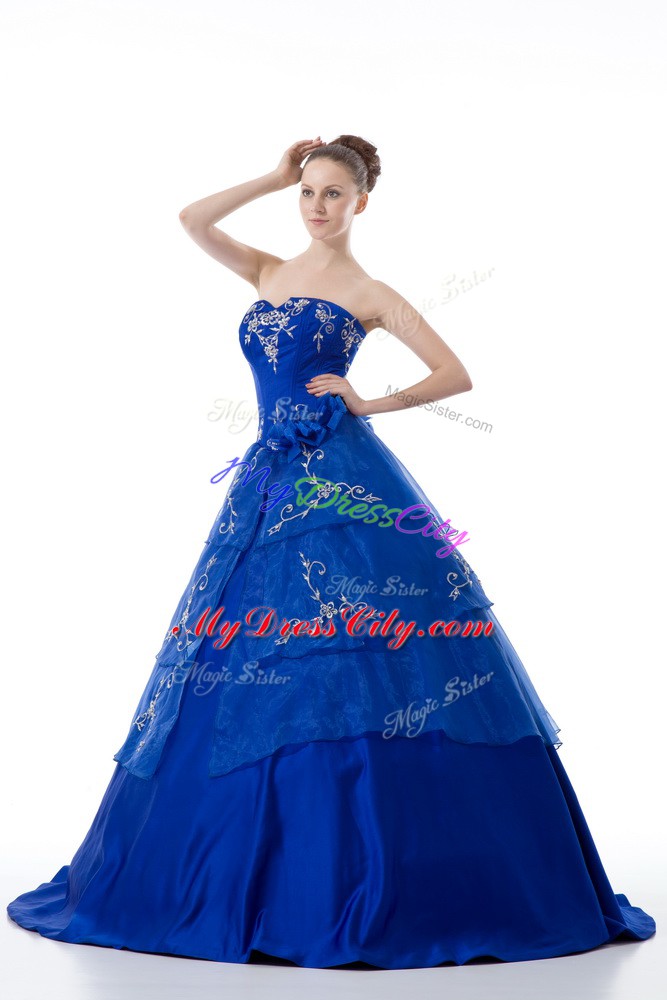 Artistic Royal Blue Ball Gowns V-neck Sleeveless Organza Floor Length Lace Up Embroidery and Ruffled Layers Quinceanera Gown