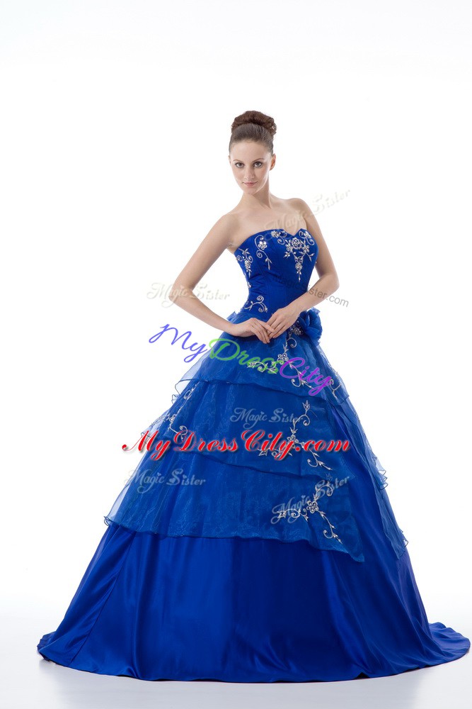 Artistic Royal Blue Ball Gowns V-neck Sleeveless Organza Floor Length Lace Up Embroidery and Ruffled Layers Quinceanera Gown