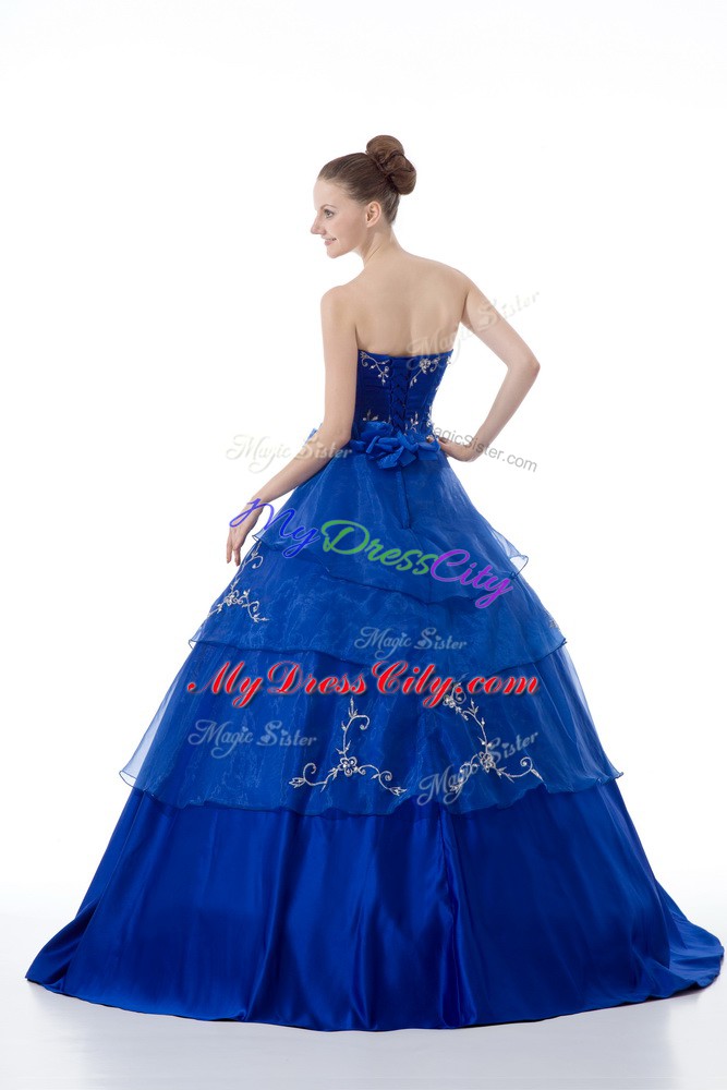 Artistic Royal Blue Ball Gowns V-neck Sleeveless Organza Floor Length Lace Up Embroidery and Ruffled Layers Quinceanera Gown