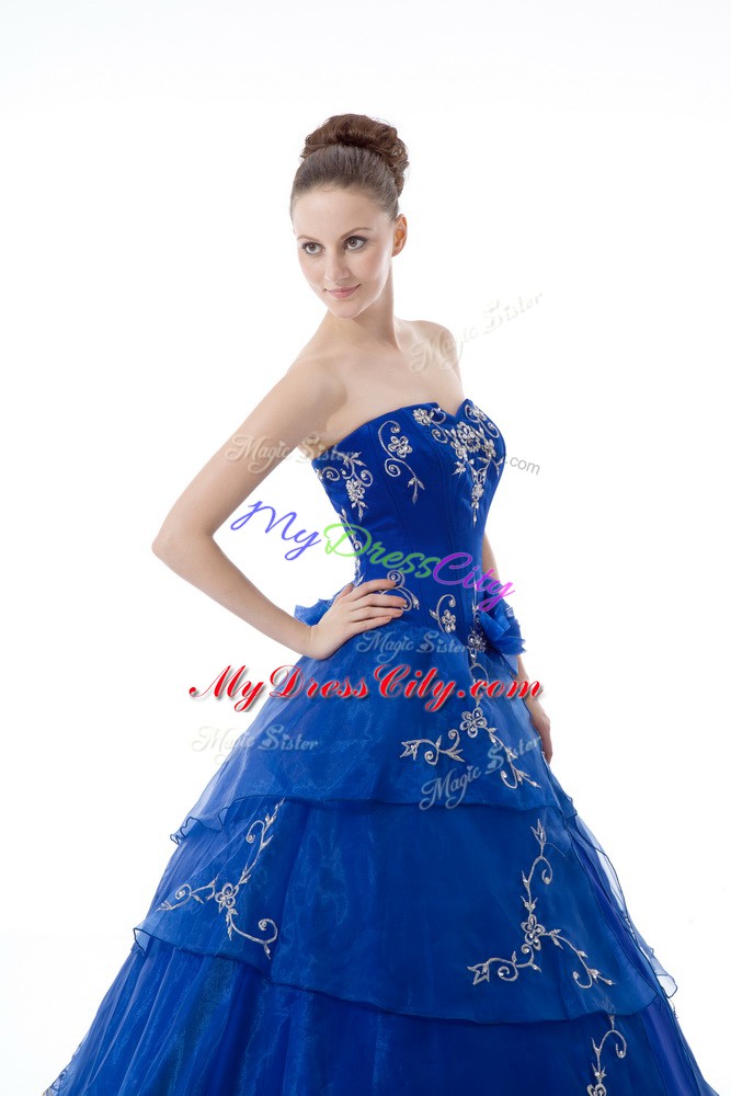 Artistic Royal Blue Ball Gowns V-neck Sleeveless Organza Floor Length Lace Up Embroidery and Ruffled Layers Quinceanera Gown