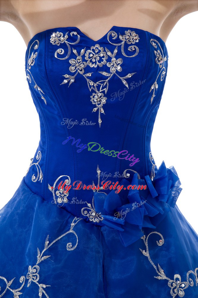 Artistic Royal Blue Ball Gowns V-neck Sleeveless Organza Floor Length Lace Up Embroidery and Ruffled Layers Quinceanera Gown