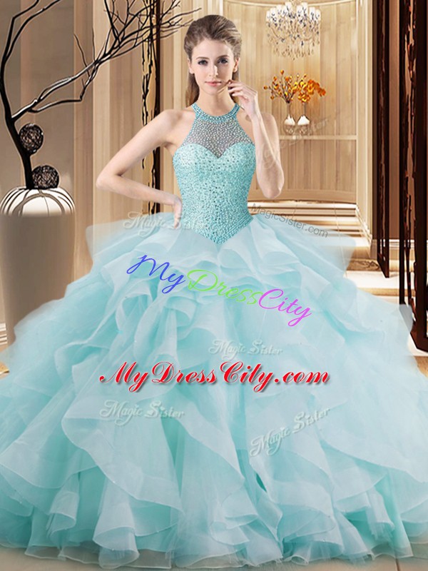 Organza Sleeveless Quinceanera Dresses Brush Train and Embroidery and Ruffles