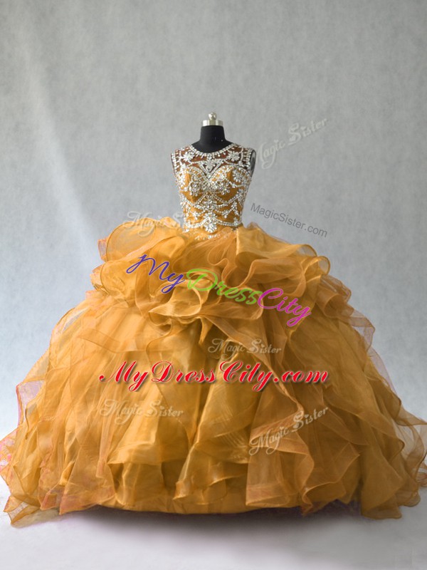 Classical Gold Ball Gowns Scoop Sleeveless Organza Floor Length Lace Up Beading and Ruffles Quinceanera Dress