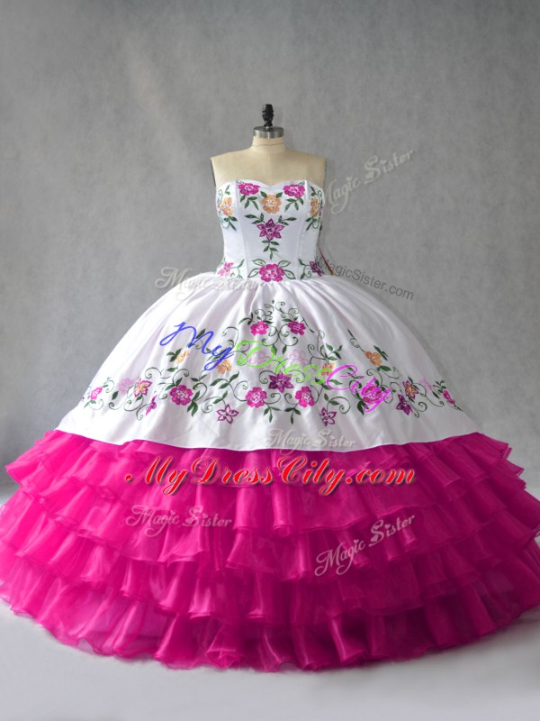 Customized Fuchsia Ball Gowns Sweetheart Sleeveless Satin and Organza Floor Length Lace Up Embroidery and Ruffled Layers Quince Ball Gowns