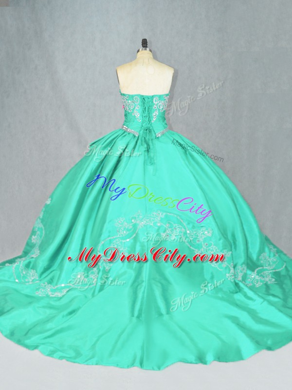 Elegant Turquoise Vestidos de Quinceanera Sweetheart Sleeveless Court Train Lace Up