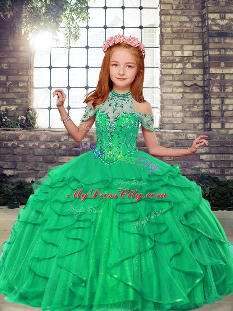 Floor Length Lace Up Pageant Gowns For Girls Turquoise for Party and Wedding Party with Beading and Ruffles