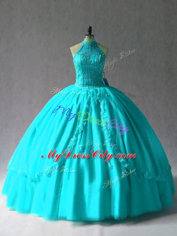 Discount Aqua Blue Tulle Lace Up Halter Top Sleeveless Floor Length Sweet 16 Dresses Appliques