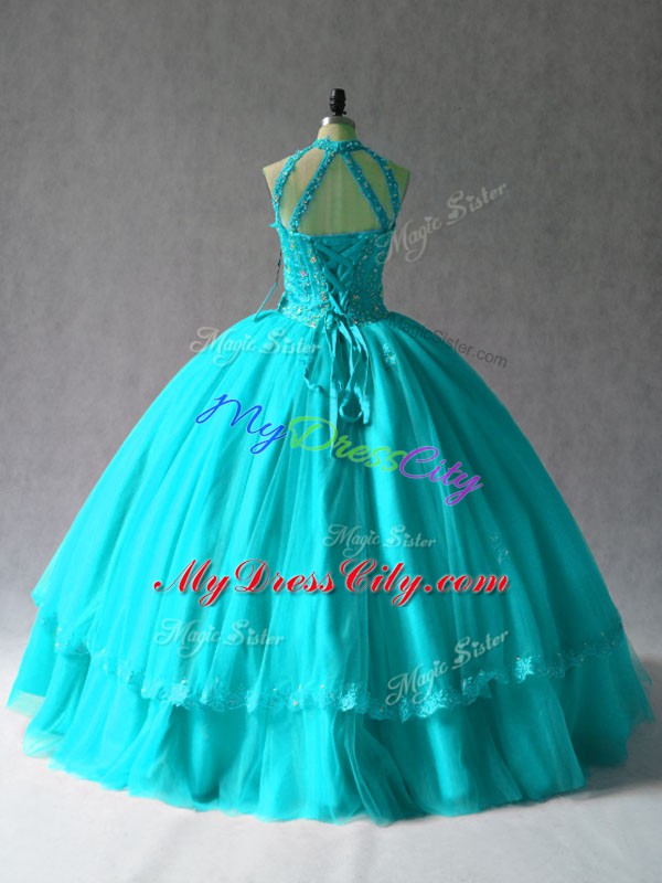 Discount Aqua Blue Tulle Lace Up Halter Top Sleeveless Floor Length Sweet 16 Dresses Appliques