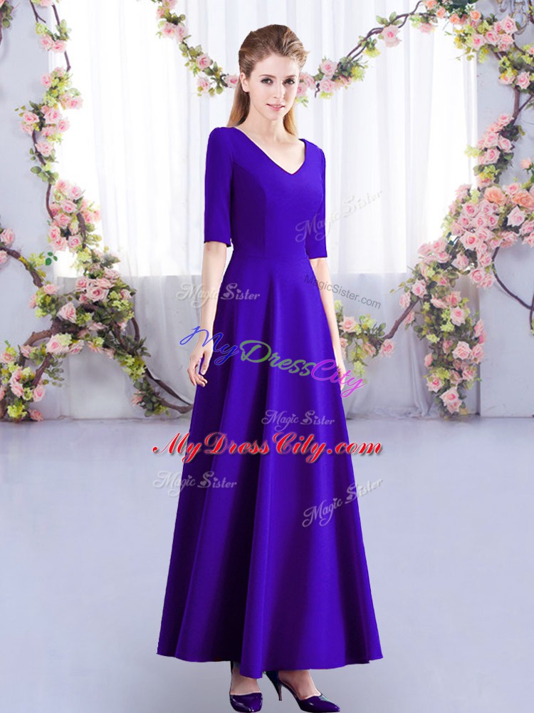 New Style Half Sleeves Satin Ankle Length Zipper Bridesmaid Dress in Purple with Ruching