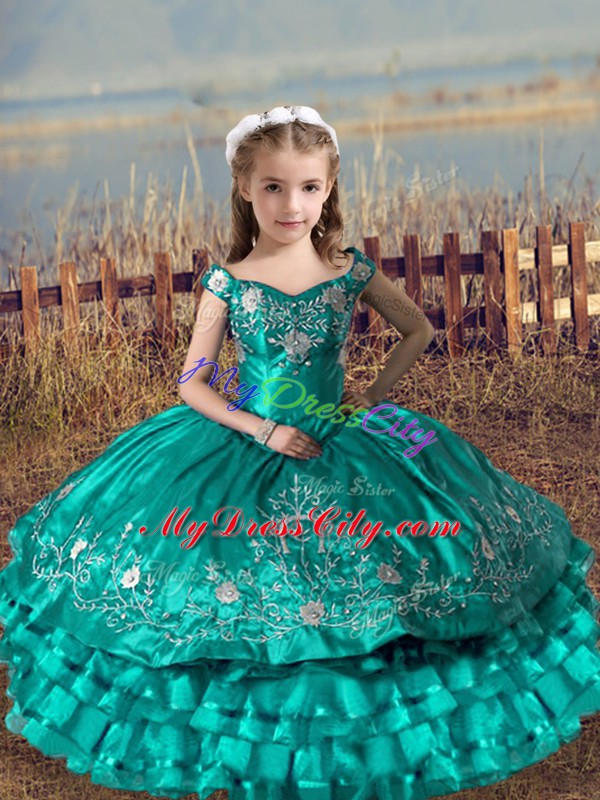 Hot Sale Embroidery and Ruffled Layers Girls Pageant Dresses Turquoise Lace Up Sleeveless Floor Length