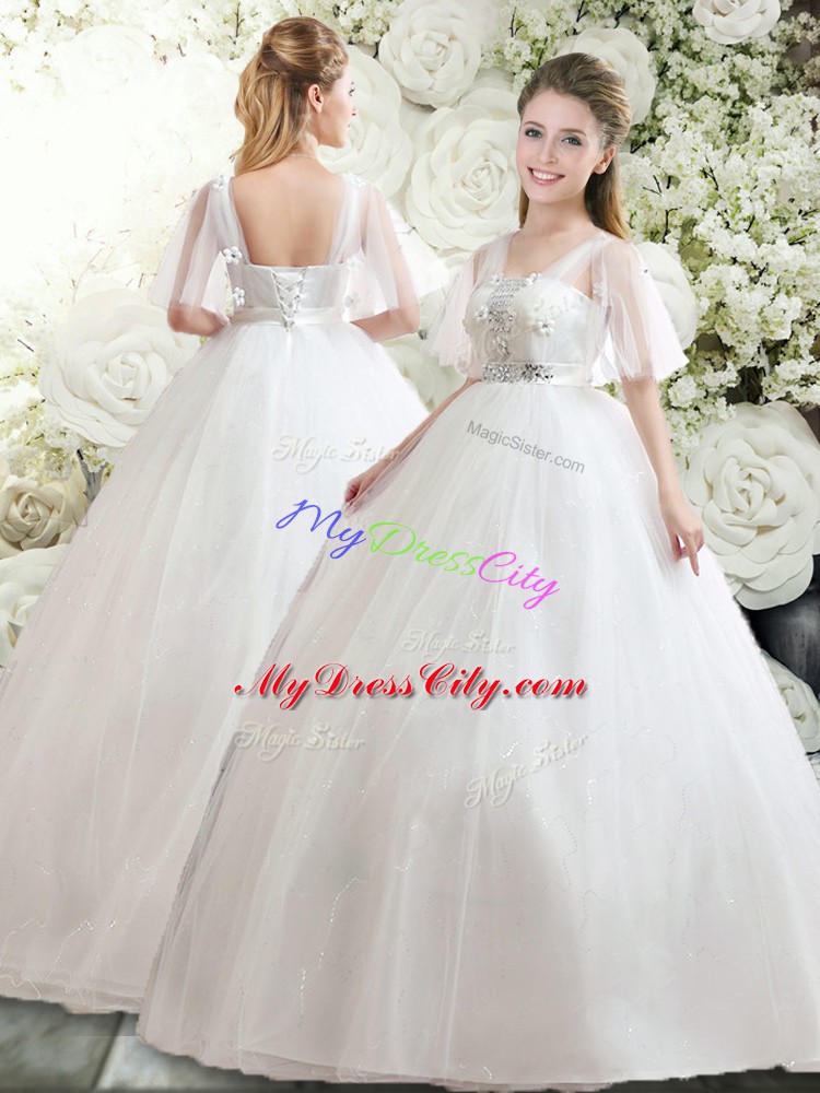 Extravagant Straps Half Sleeves Tulle Wedding Gowns Beading and Appliques Lace Up