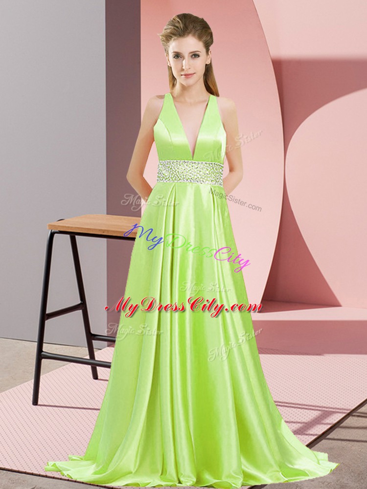 Popular Empire Sleeveless Yellow Green Going Out Dresses Brush Train Backless