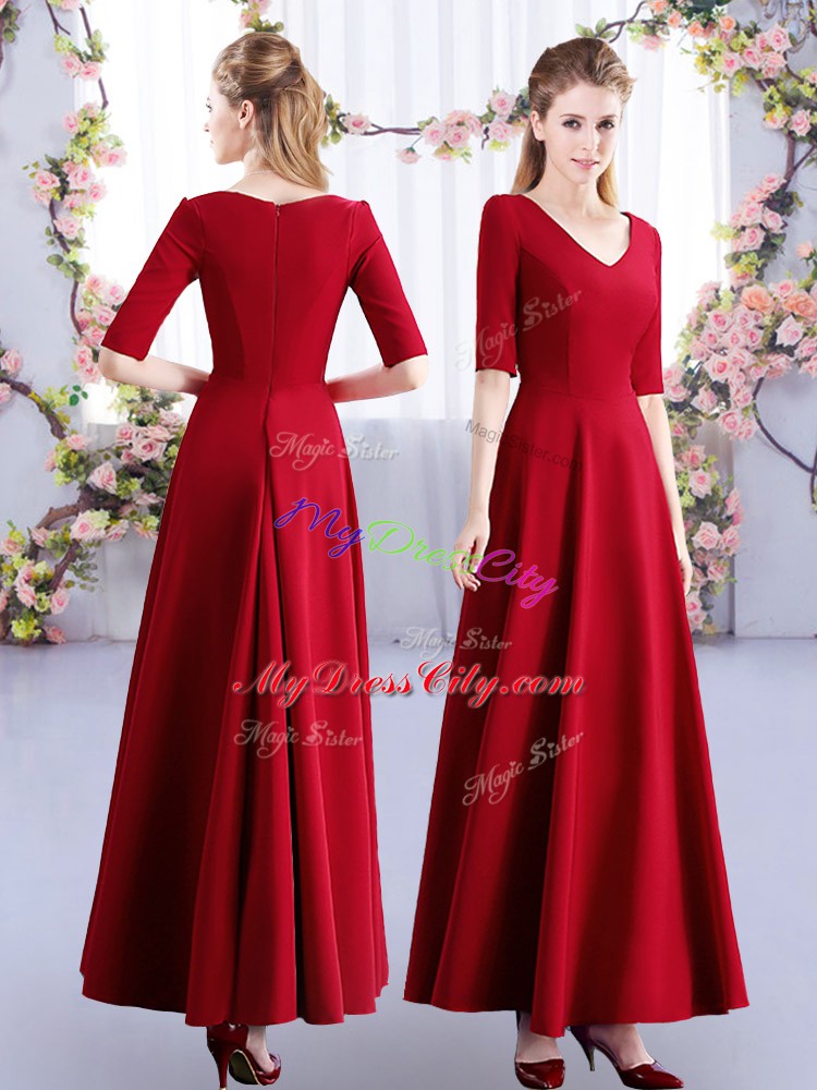 Wine Red V-neck Neckline Ruching Bridesmaid Dress Half Sleeves Zipper