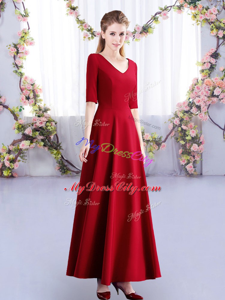 Wine Red V-neck Neckline Ruching Bridesmaid Dress Half Sleeves Zipper