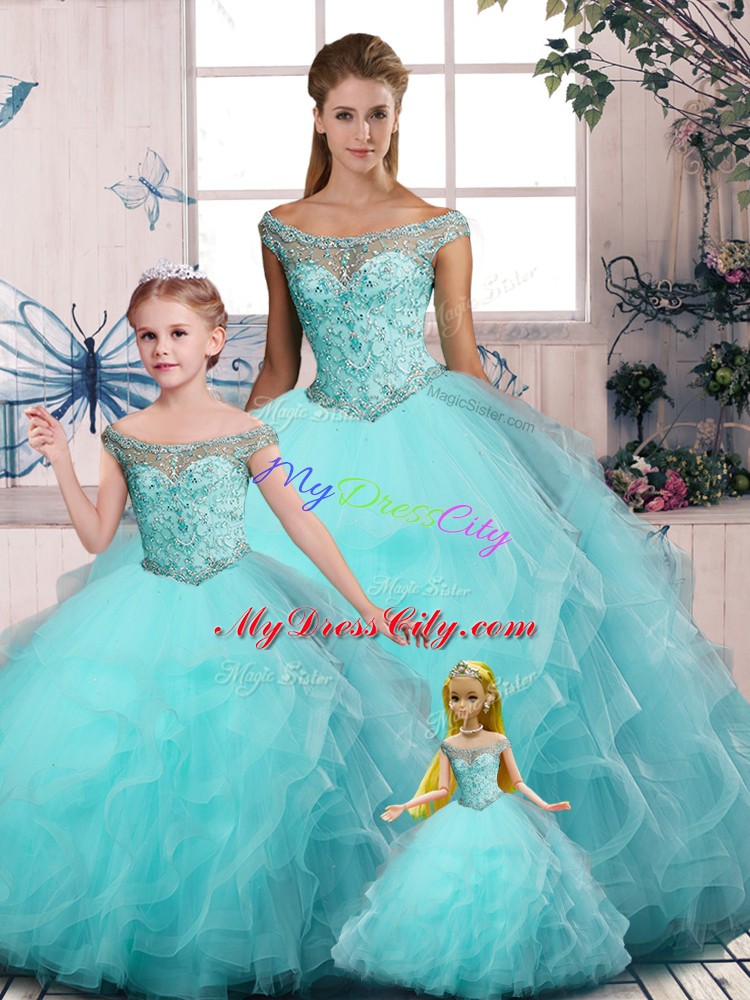 Luxury Tulle Off The Shoulder Sleeveless Lace Up Embroidery and Ruffles 15th Birthday Dress in Aqua Blue