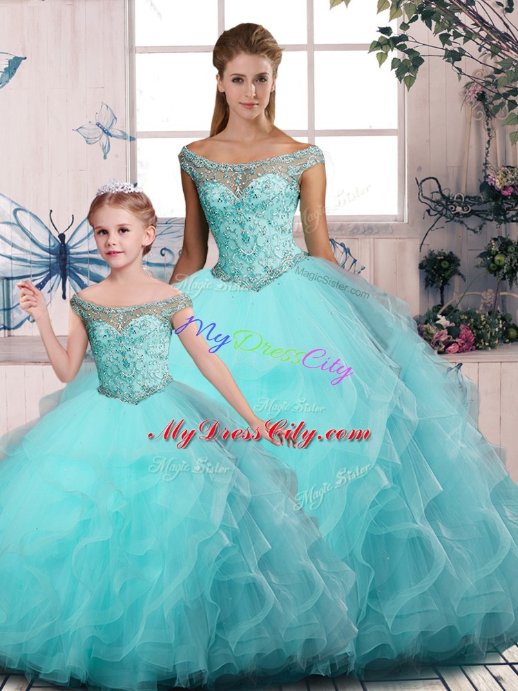 Luxury Tulle Off The Shoulder Sleeveless Lace Up Embroidery and Ruffles 15th Birthday Dress in Aqua Blue