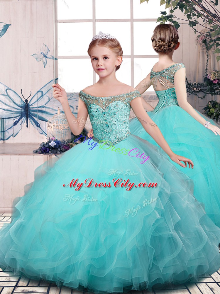 Luxury Tulle Off The Shoulder Sleeveless Lace Up Embroidery and Ruffles 15th Birthday Dress in Aqua Blue