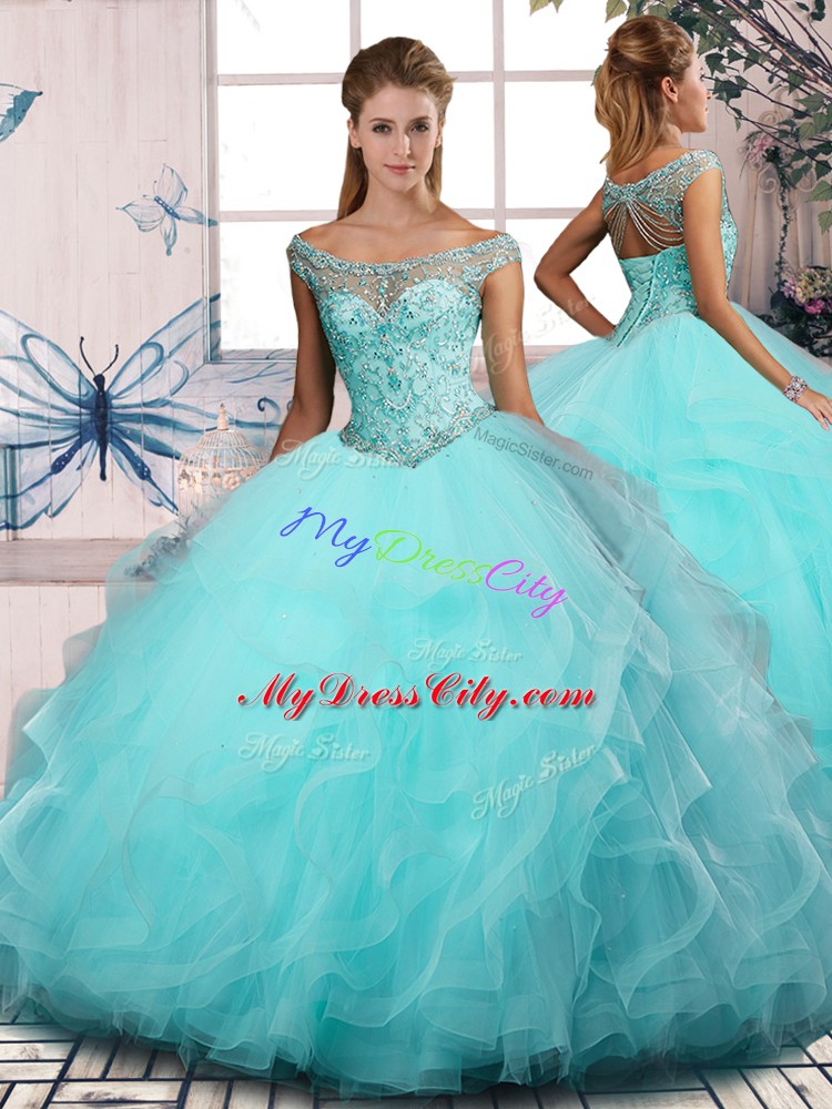 Luxury Tulle Off The Shoulder Sleeveless Lace Up Embroidery and Ruffles 15th Birthday Dress in Aqua Blue