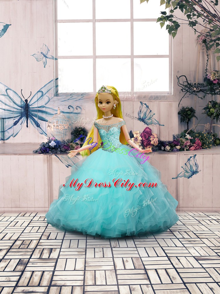 Luxury Tulle Off The Shoulder Sleeveless Lace Up Embroidery and Ruffles 15th Birthday Dress in Aqua Blue