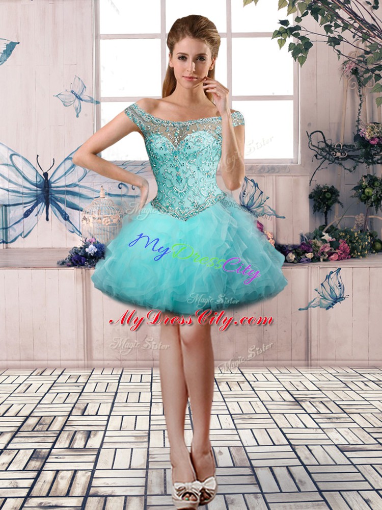 Sumptuous Aqua Blue Off The Shoulder Neckline Beading and Ruffles Prom Evening Gown Sleeveless Lace Up