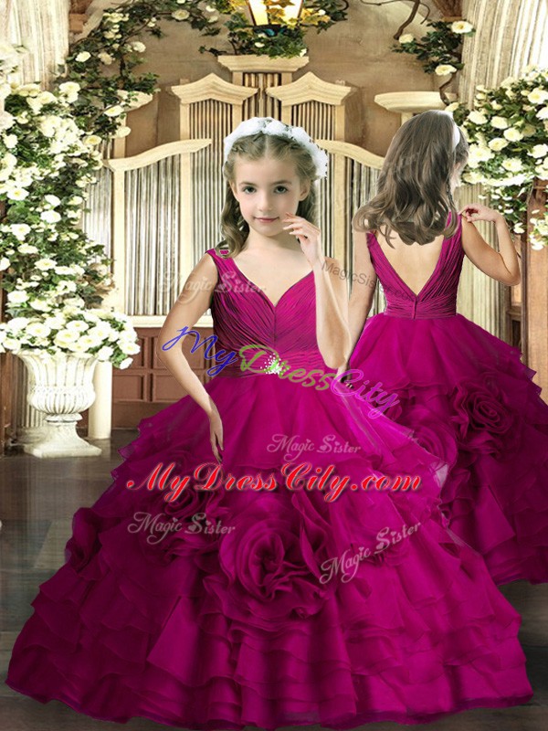 Beading Pageant Dress for Girls Fuchsia Backless Sleeveless Floor Length