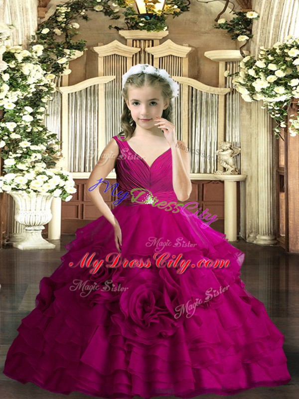 Beading Pageant Dress for Girls Fuchsia Backless Sleeveless Floor Length