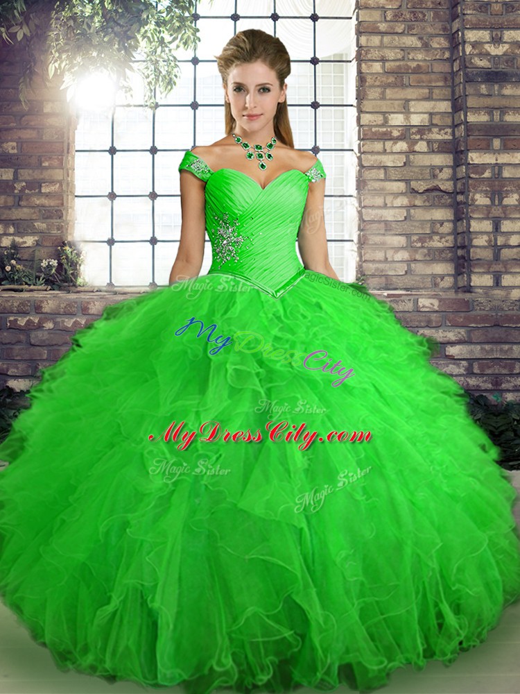 Excellent Green Ball Gowns Beading and Ruffles Ball Gown Prom Dress Lace Up Tulle Sleeveless Floor Length