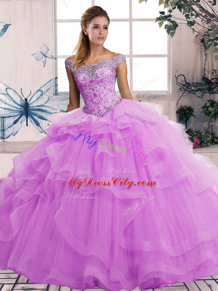 Romantic Lilac Ball Gowns Tulle Off The Shoulder Sleeveless Beading and Ruffles Floor Length Lace Up Quinceanera Dress