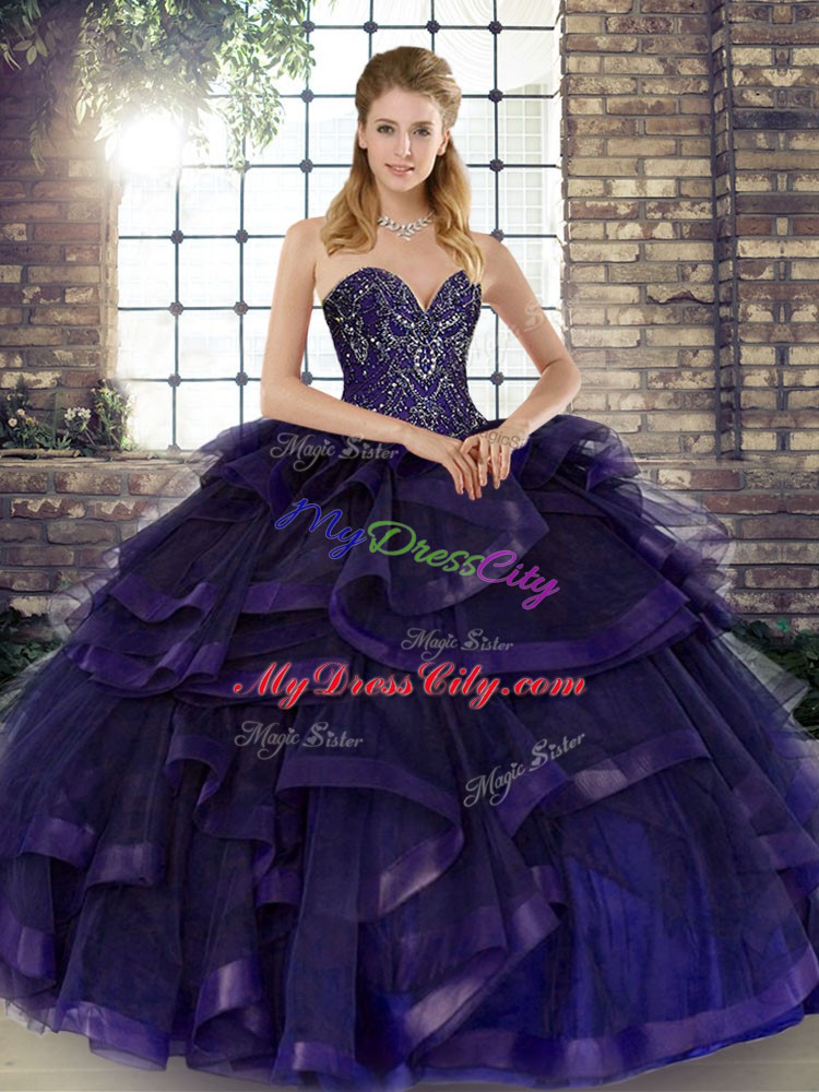 Purple Lace Up Sweet 16 Quinceanera Dress Beading and Ruffles Sleeveless Floor Length