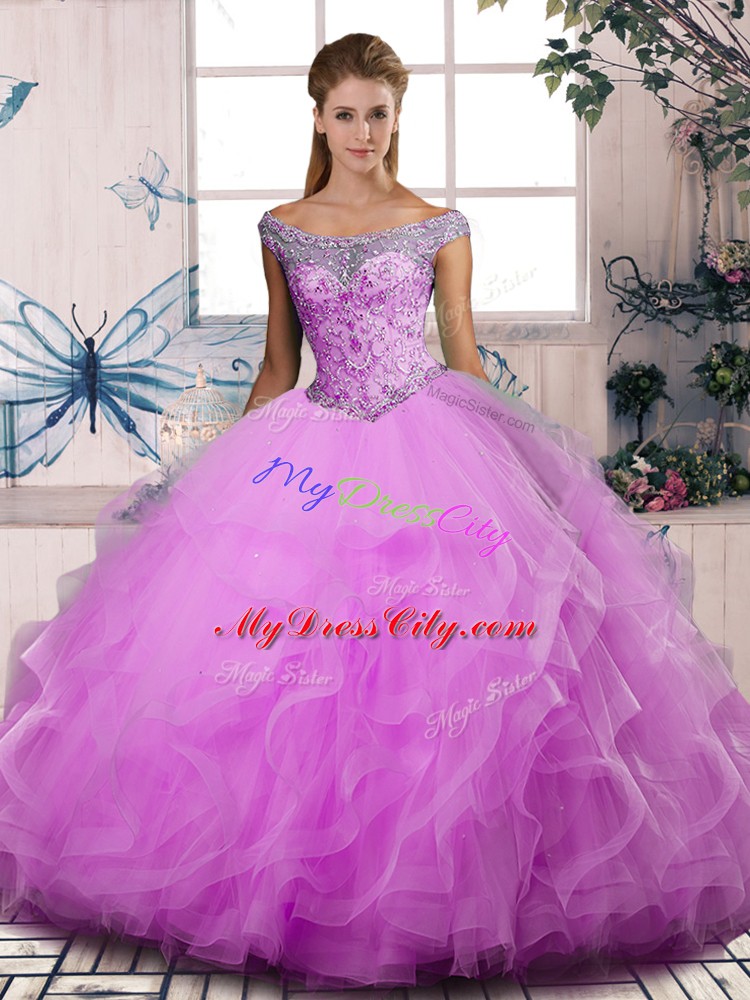 Lilac Off The Shoulder Lace Up Beading and Ruffles Ball Gown Prom Dress Sleeveless