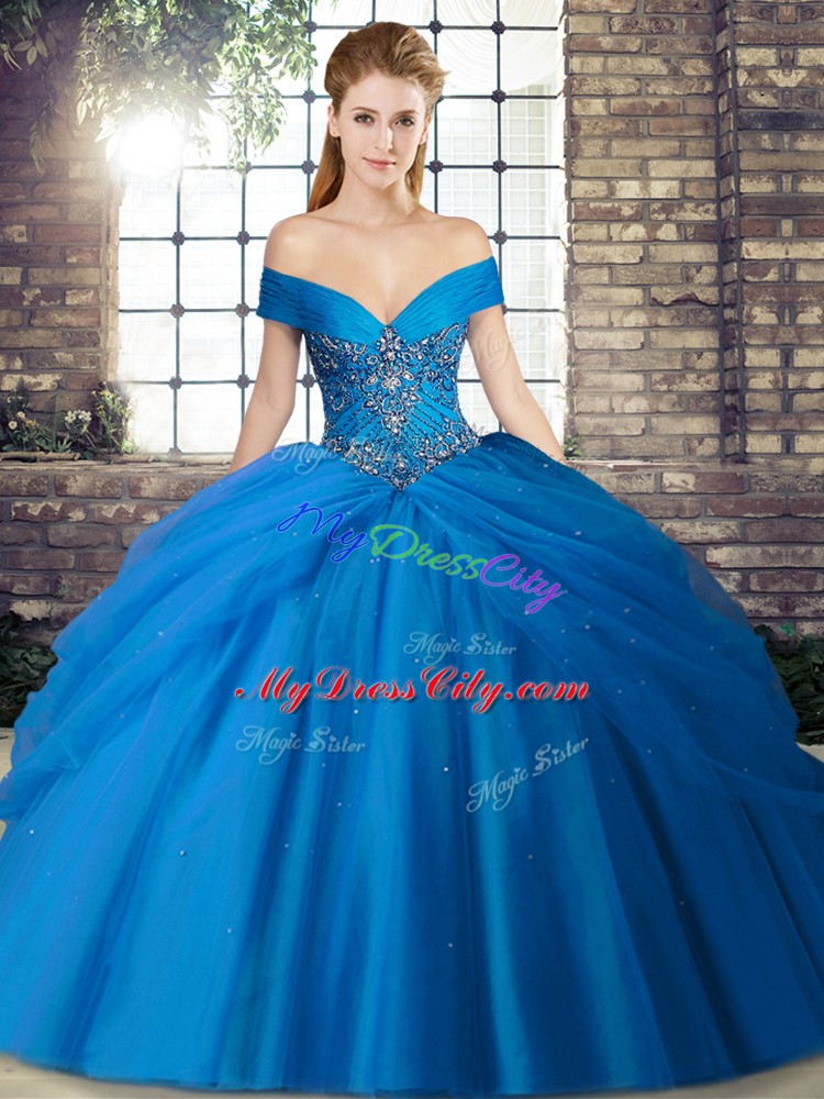 Fitting Blue Tulle Lace Up Off The Shoulder Sleeveless Ball Gown Prom Dress Brush Train Beading and Pick Ups