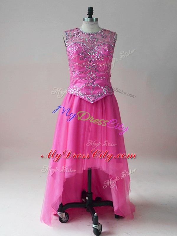 Hot Pink Sleeveless High Low Beading Prom Gown