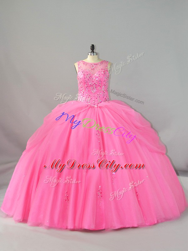 Gorgeous Tulle Sleeveless Ball Gown Prom Dress Brush Train and Beading and Appliques