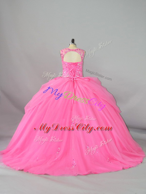 Gorgeous Tulle Sleeveless Ball Gown Prom Dress Brush Train and Beading and Appliques