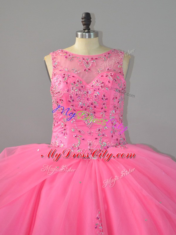 Gorgeous Tulle Sleeveless Ball Gown Prom Dress Brush Train and Beading and Appliques