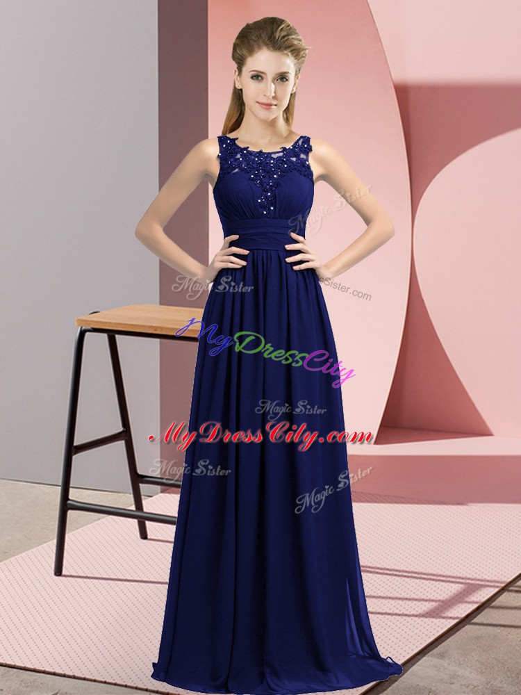 Navy Blue Chiffon Zipper Scoop Sleeveless Floor Length Wedding Party Dress Beading and Appliques