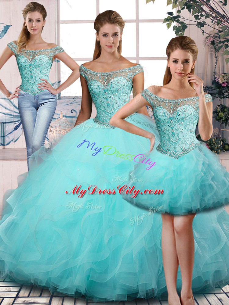 Aqua Blue Off The Shoulder Neckline Beading and Ruffles 15 Quinceanera Dress Sleeveless Lace Up