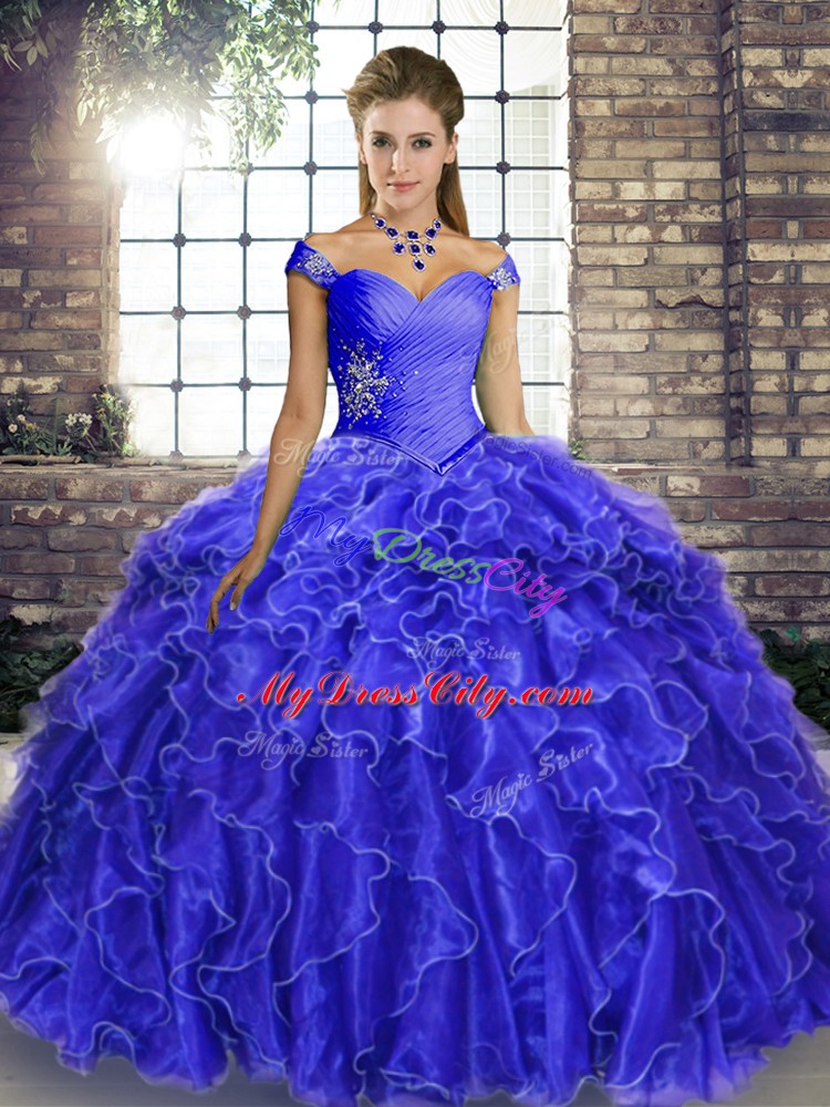 Cheap Royal Blue Quince Ball Gowns Organza Brush Train Sleeveless Beading and Ruffles