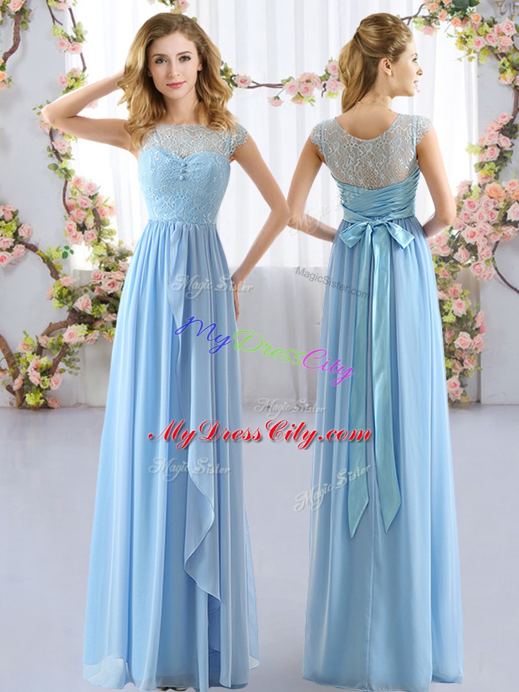 Chiffon Cap Sleeves Floor Length Bridesmaid Dresses and Lace and Belt