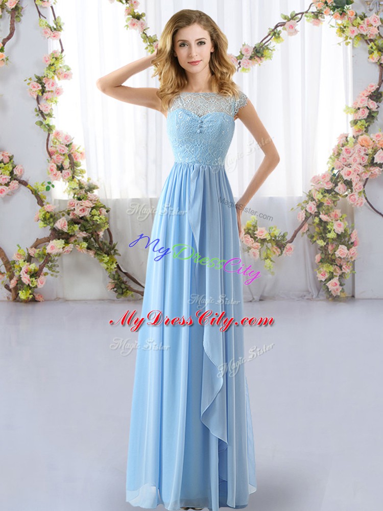 Chiffon Cap Sleeves Floor Length Bridesmaid Dresses and Lace and Belt