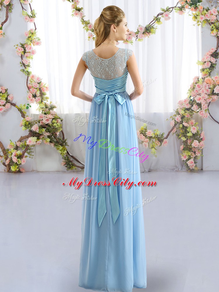 Chiffon Cap Sleeves Floor Length Bridesmaid Dresses and Lace and Belt