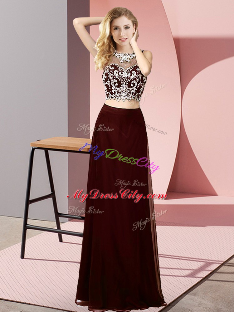 Custom Fit Brown Backless Scoop Beading Evening Gowns Chiffon Sleeveless